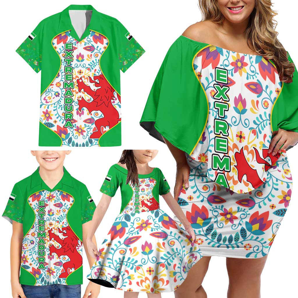 Extremadura Flag Family Matching Off Shoulder Short Dress and Hawaiian Shirt Autonomous Community of Spain - Wonder Print Shop