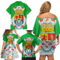 Extremadura Flag Family Matching Off Shoulder Short Dress and Hawaiian Shirt Autonomous Community of Spain - Wonder Print Shop