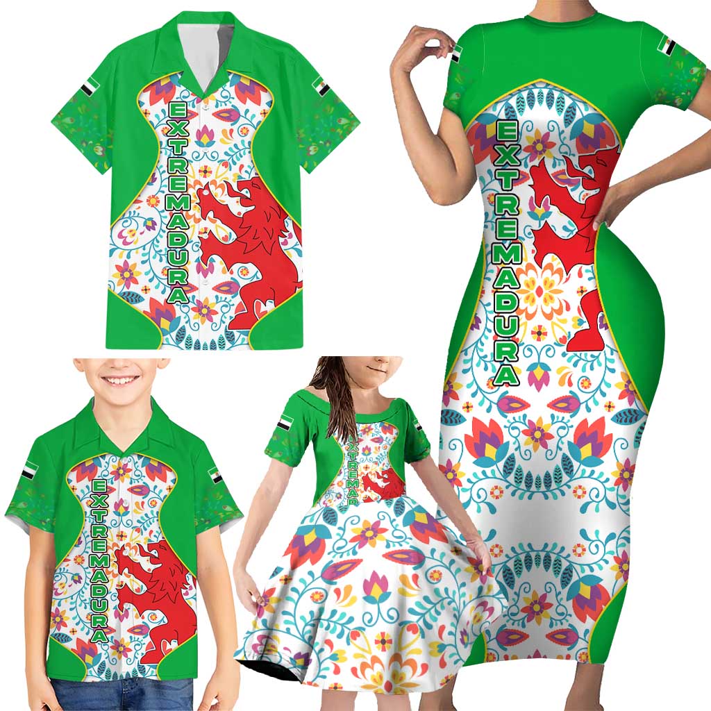 Extremadura Flag Family Matching Short Sleeve Bodycon Dress and Hawaiian Shirt Autonomous Community of Spain - Wonder Print Shop