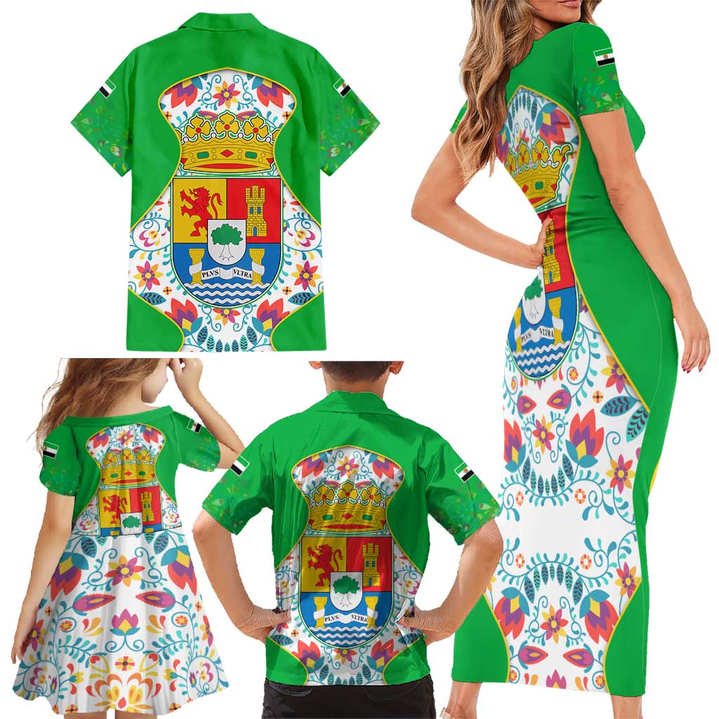 Extremadura Flag Family Matching Short Sleeve Bodycon Dress and Hawaiian Shirt Autonomous Community of Spain - Wonder Print Shop