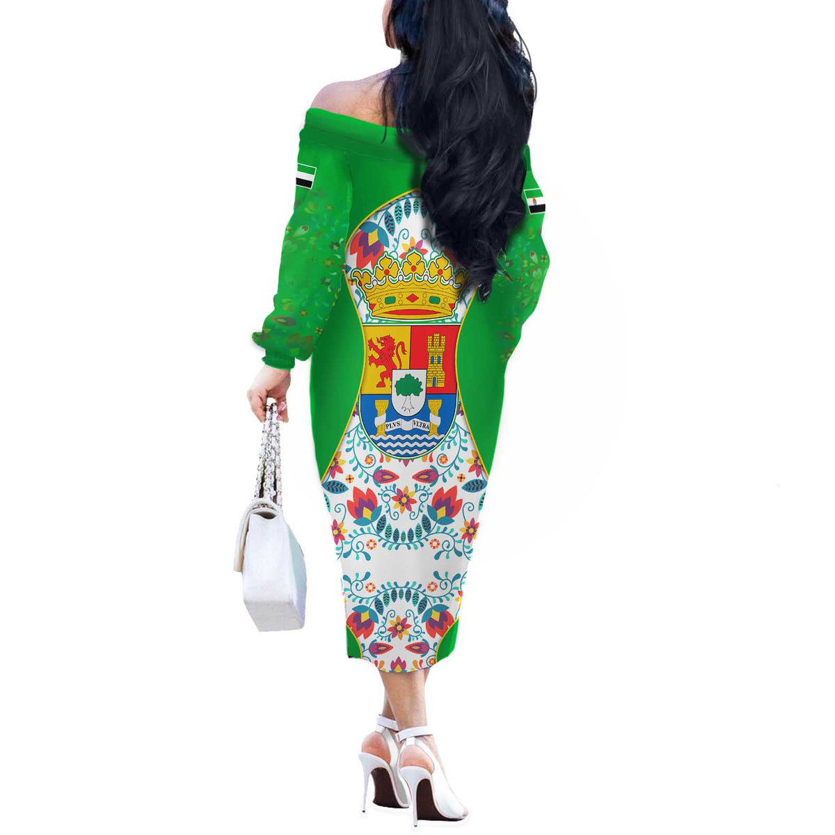 Extremadura Flag Off The Shoulder Long Sleeve Dress Autonomous Community of Spain - Wonder Print Shop