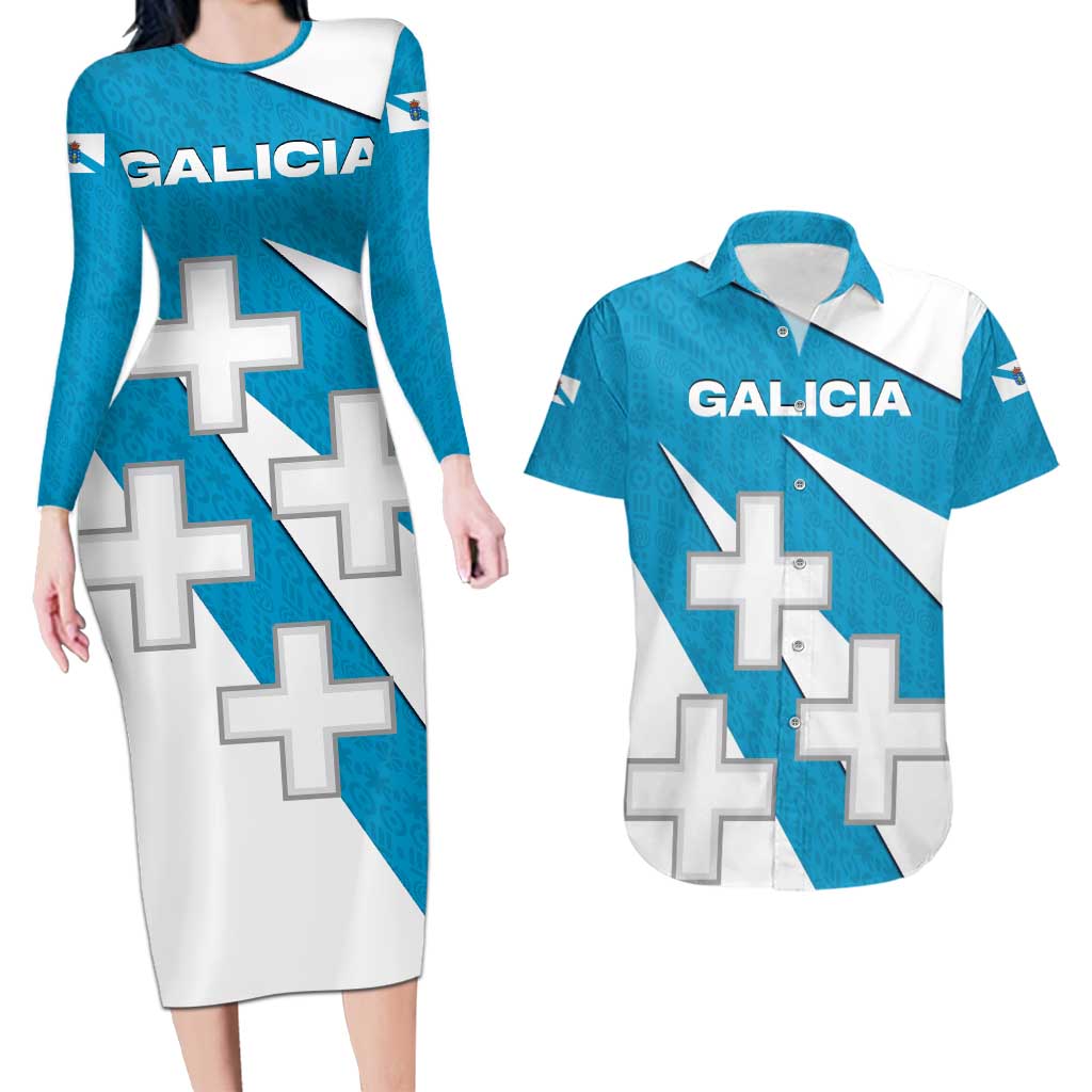 Galicia Flag Couples Matching Long Sleeve Bodycon Dress and Hawaiian Shirt Autonomous Community of Spain - Wonder Print Shop