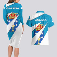 Galicia Flag Couples Matching Long Sleeve Bodycon Dress and Hawaiian Shirt Autonomous Community of Spain - Wonder Print Shop