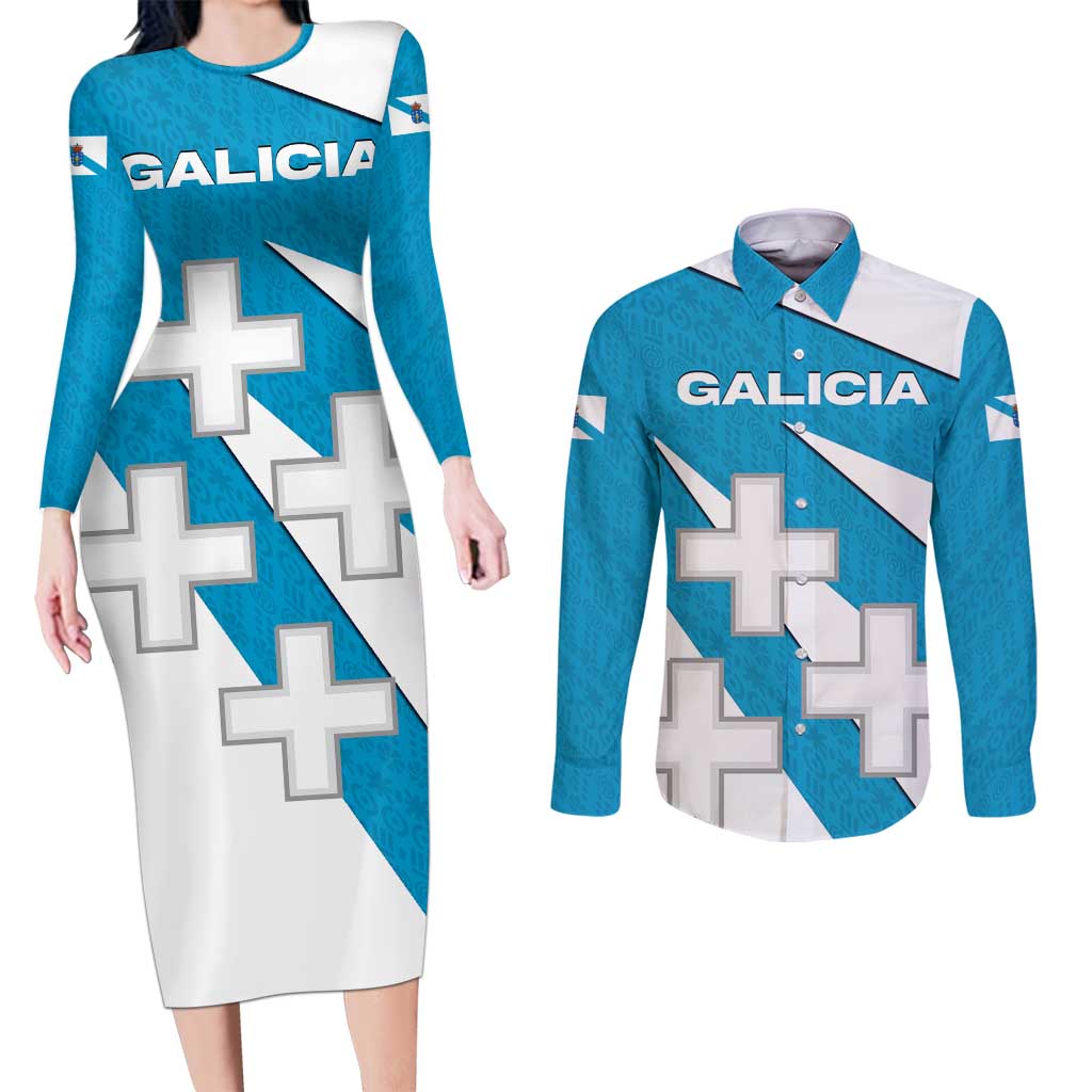 Galicia Flag Couples Matching Long Sleeve Bodycon Dress and Long Sleeve Button Shirt Autonomous Community of Spain - Wonder Print Shop