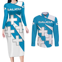 Galicia Flag Couples Matching Long Sleeve Bodycon Dress and Long Sleeve Button Shirt Autonomous Community of Spain - Wonder Print Shop