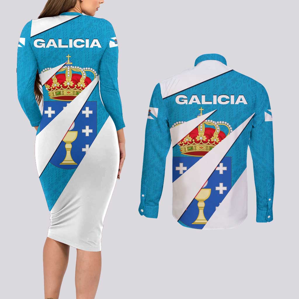 Galicia Flag Couples Matching Long Sleeve Bodycon Dress and Long Sleeve Button Shirt Autonomous Community of Spain - Wonder Print Shop