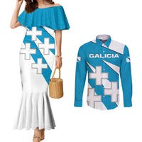 Galicia Flag Couples Matching Mermaid Dress and Long Sleeve Button Shirt Autonomous Community of Spain - Wonder Print Shop