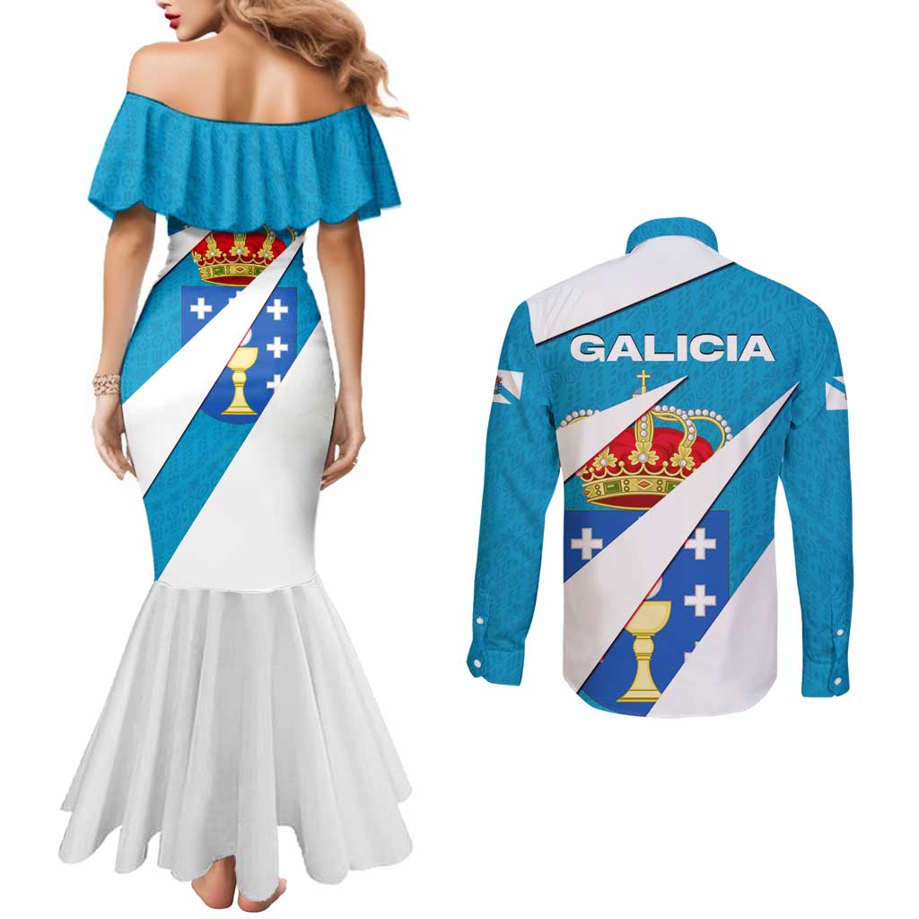 Galicia Flag Couples Matching Mermaid Dress and Long Sleeve Button Shirt Autonomous Community of Spain - Wonder Print Shop