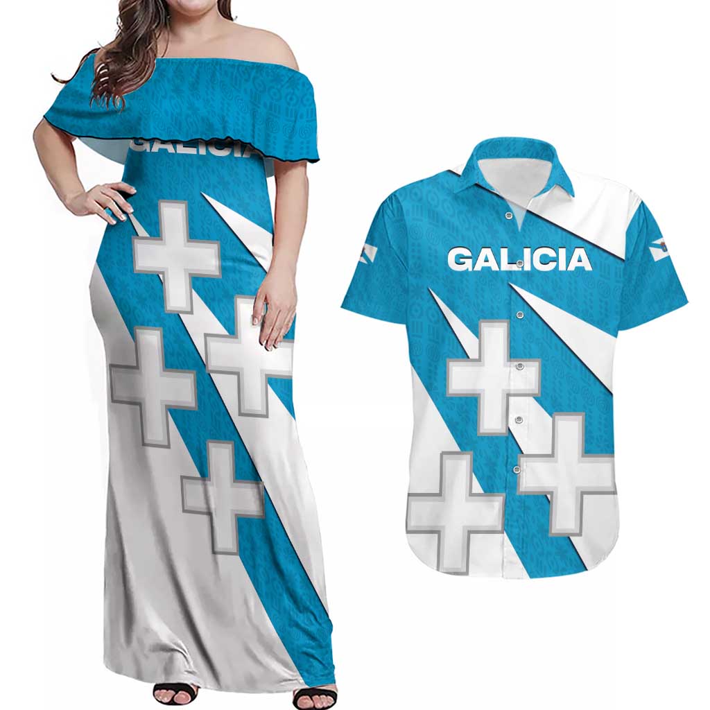 Galicia Flag Couples Matching Off Shoulder Maxi Dress and Hawaiian Shirt Autonomous Community of Spain - Wonder Print Shop