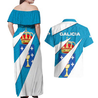 Galicia Flag Couples Matching Off Shoulder Maxi Dress and Hawaiian Shirt Autonomous Community of Spain - Wonder Print Shop