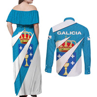 Galicia Flag Couples Matching Off Shoulder Maxi Dress and Long Sleeve Button Shirt Autonomous Community of Spain - Wonder Print Shop