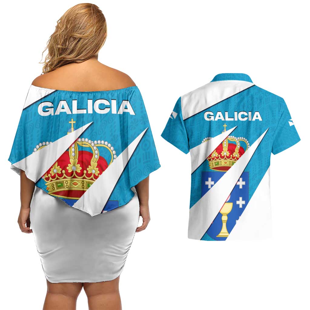 Galicia Flag Couples Matching Off Shoulder Short Dress and Hawaiian Shirt Autonomous Community of Spain - Wonder Print Shop