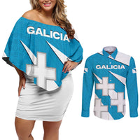 Galicia Flag Couples Matching Off Shoulder Short Dress and Long Sleeve Button Shirt Autonomous Community of Spain - Wonder Print Shop