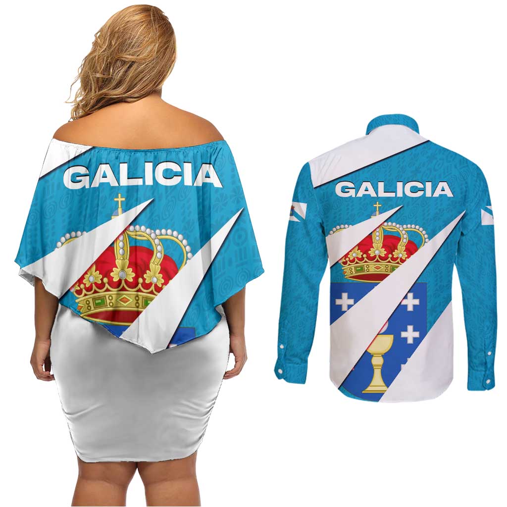 Galicia Flag Couples Matching Off Shoulder Short Dress and Long Sleeve Button Shirt Autonomous Community of Spain - Wonder Print Shop
