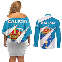 Galicia Flag Couples Matching Off Shoulder Short Dress and Long Sleeve Button Shirt Autonomous Community of Spain - Wonder Print Shop
