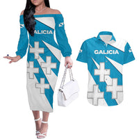 Galicia Flag Couples Matching Off The Shoulder Long Sleeve Dress and Hawaiian Shirt Autonomous Community of Spain - Wonder Print Shop