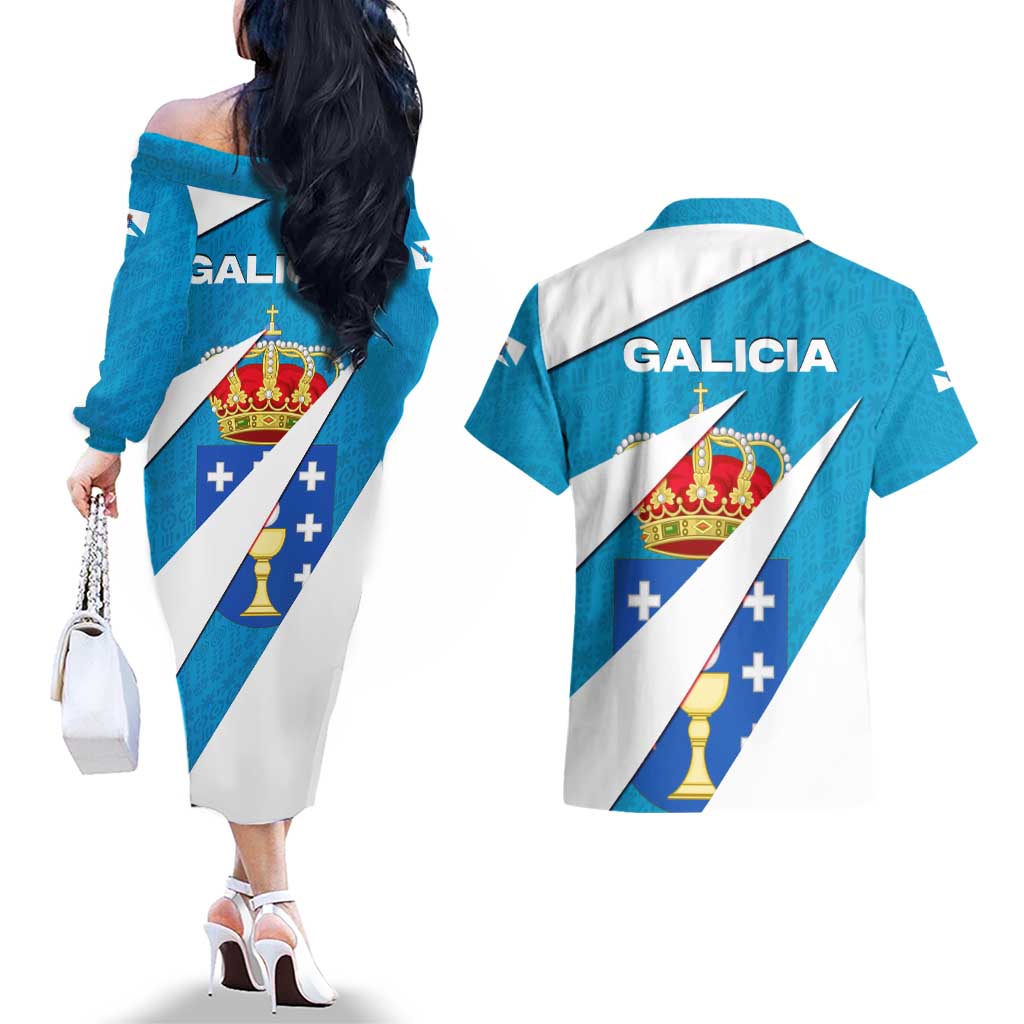 Galicia Flag Couples Matching Off The Shoulder Long Sleeve Dress and Hawaiian Shirt Autonomous Community of Spain - Wonder Print Shop