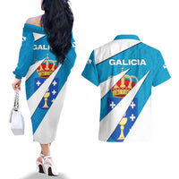Galicia Flag Couples Matching Off The Shoulder Long Sleeve Dress and Hawaiian Shirt Autonomous Community of Spain - Wonder Print Shop