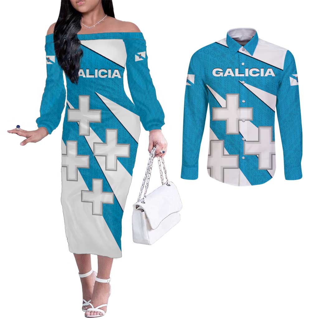 Galicia Flag Couples Matching Off The Shoulder Long Sleeve Dress and Long Sleeve Button Shirt Autonomous Community of Spain - Wonder Print Shop