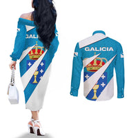 Galicia Flag Couples Matching Off The Shoulder Long Sleeve Dress and Long Sleeve Button Shirt Autonomous Community of Spain - Wonder Print Shop