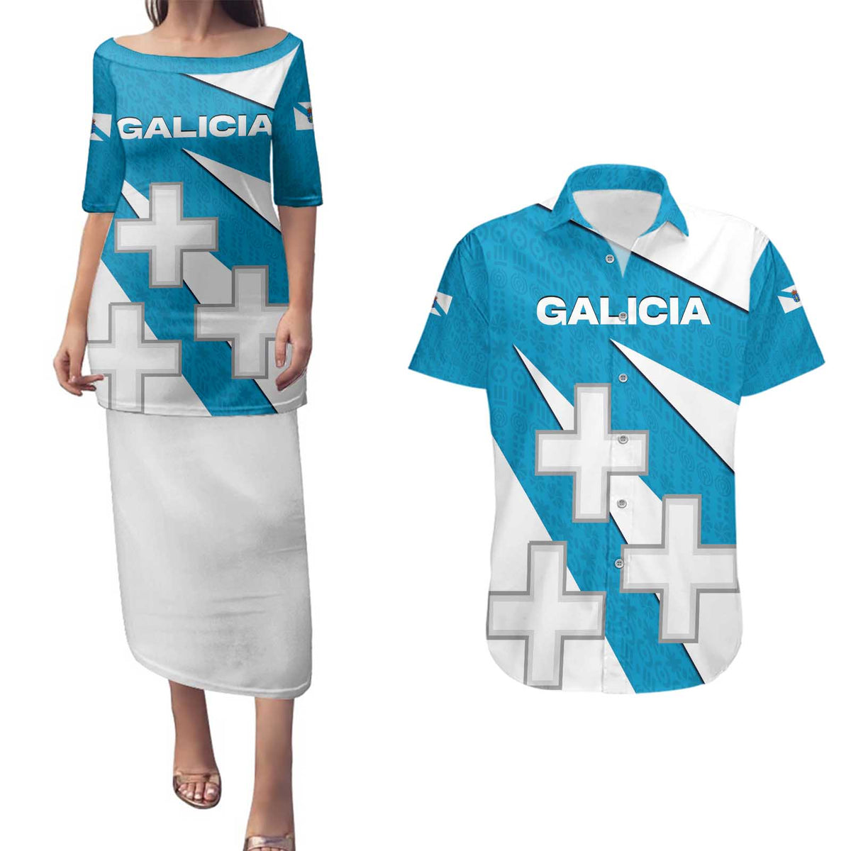 Galicia Flag Couples Matching Puletasi and Hawaiian Shirt Autonomous Community of Spain - Wonder Print Shop