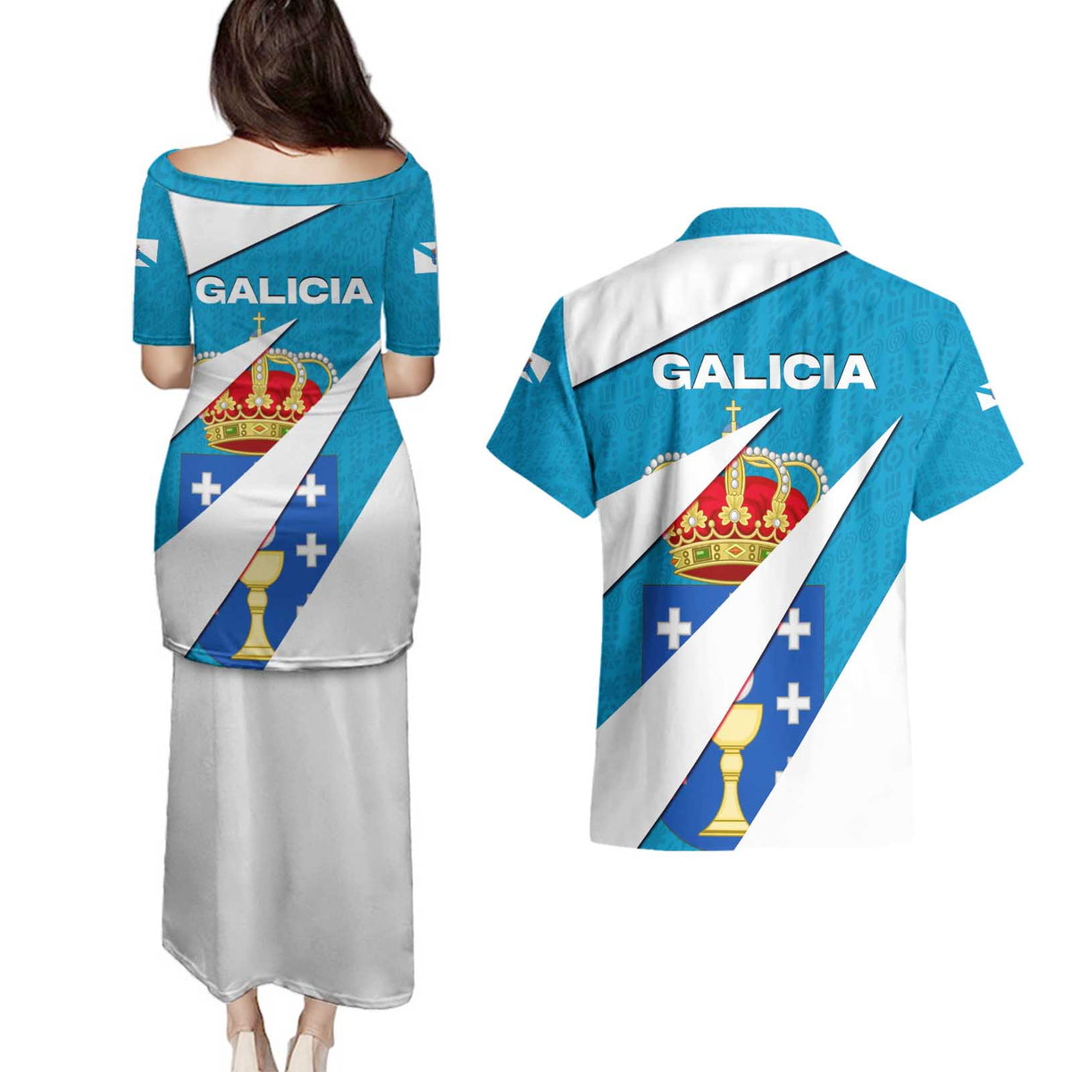 Galicia Flag Couples Matching Puletasi and Hawaiian Shirt Autonomous Community of Spain - Wonder Print Shop