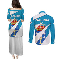Galicia Flag Couples Matching Puletasi and Long Sleeve Button Shirt Autonomous Community of Spain - Wonder Print Shop