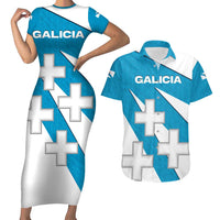 Galicia Flag Couples Matching Short Sleeve Bodycon Dress and Hawaiian Shirt Autonomous Community of Spain - Wonder Print Shop