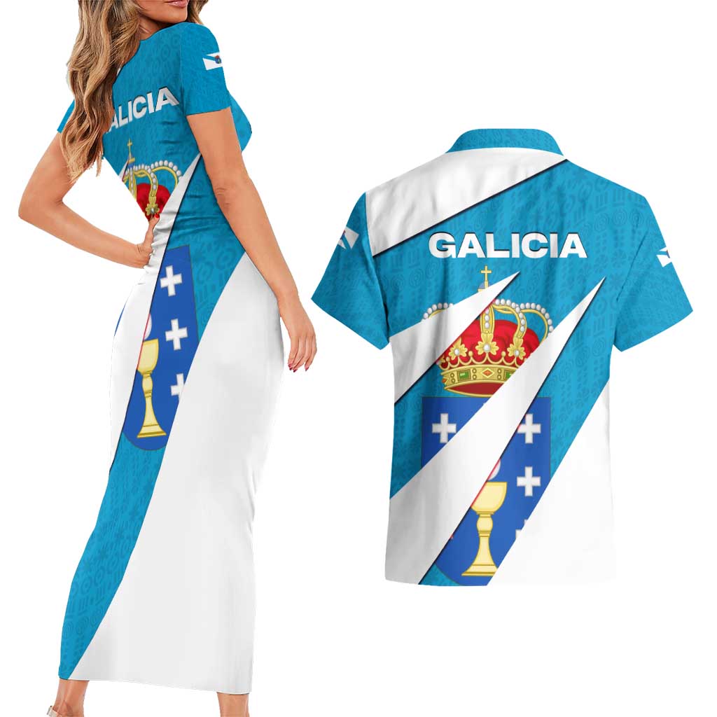 Galicia Flag Couples Matching Short Sleeve Bodycon Dress and Hawaiian Shirt Autonomous Community of Spain - Wonder Print Shop
