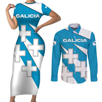 Galicia Flag Couples Matching Short Sleeve Bodycon Dress and Long Sleeve Button Shirt Autonomous Community of Spain - Wonder Print Shop
