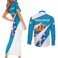 Galicia Flag Couples Matching Short Sleeve Bodycon Dress and Long Sleeve Button Shirt Autonomous Community of Spain - Wonder Print Shop