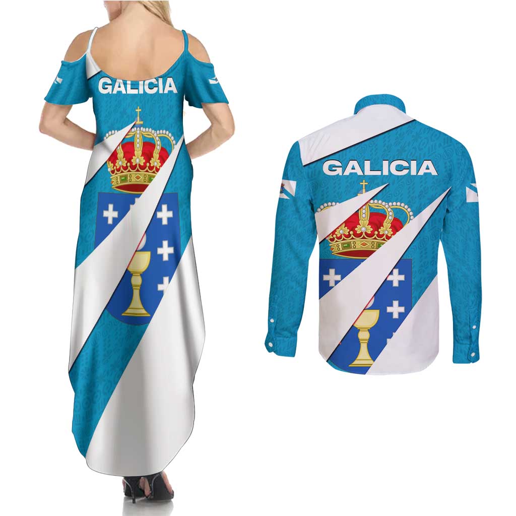 Galicia Flag Couples Matching Summer Maxi Dress and Long Sleeve Button Shirt Autonomous Community of Spain - Wonder Print Shop