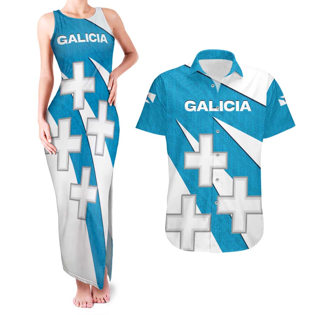 Galicia Flag Couples Matching Tank Maxi Dress and Hawaiian Shirt Autonomous Community of Spain - Wonder Print Shop