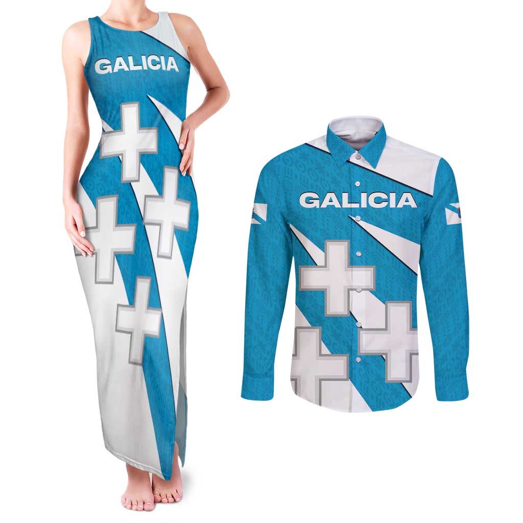 Galicia Flag Couples Matching Tank Maxi Dress and Long Sleeve Button Shirt Autonomous Community of Spain - Wonder Print Shop