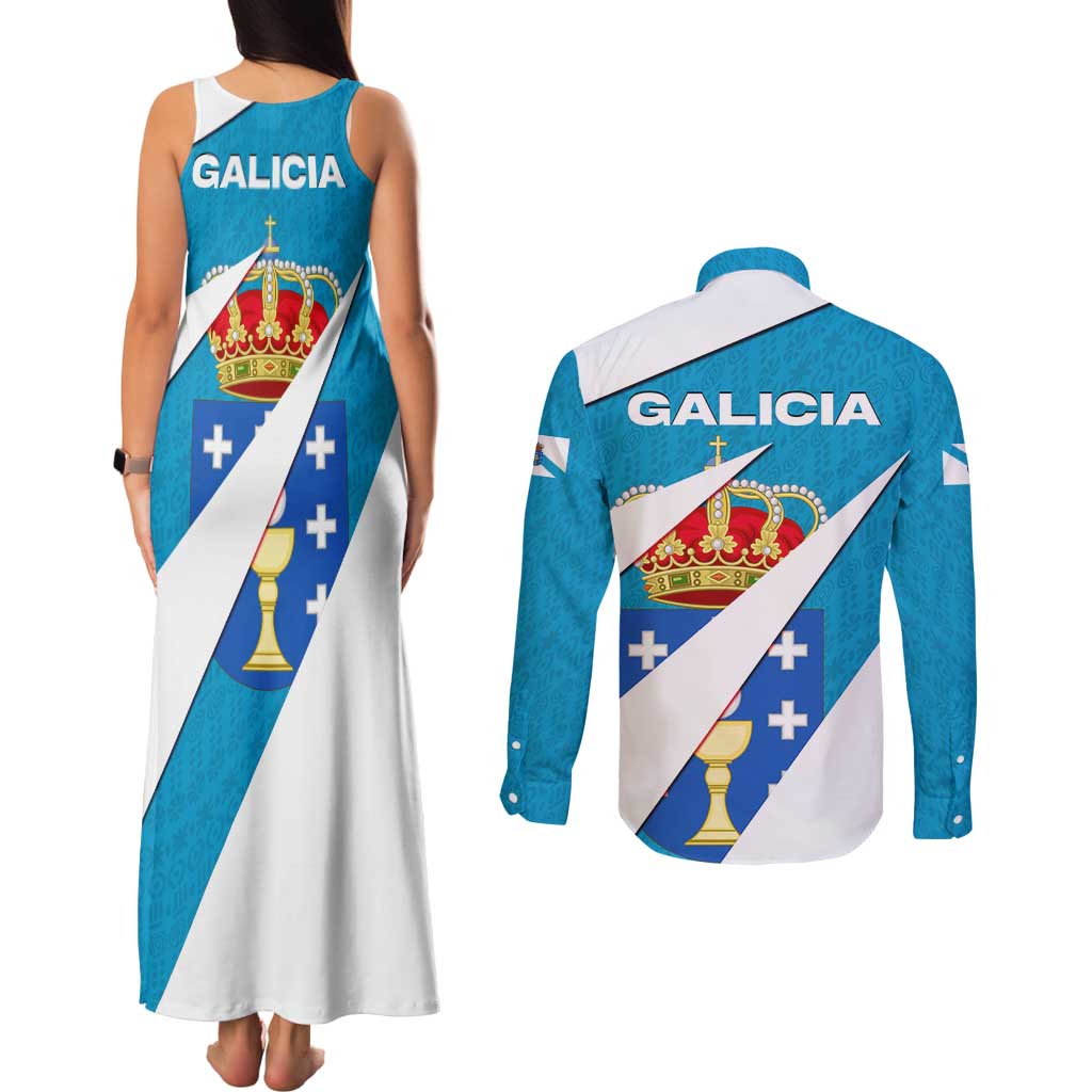 Galicia Flag Couples Matching Tank Maxi Dress and Long Sleeve Button Shirt Autonomous Community of Spain - Wonder Print Shop
