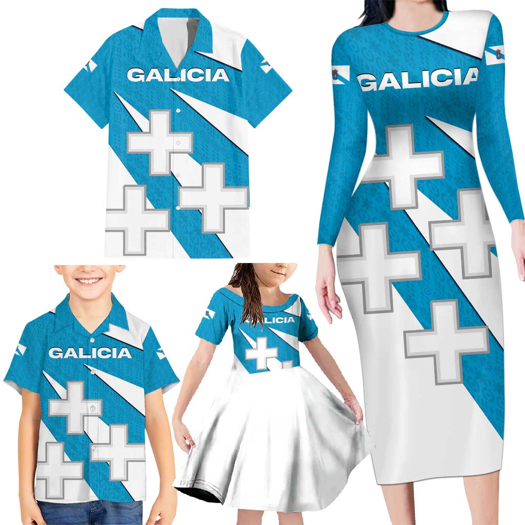 Galicia Flag Family Matching Long Sleeve Bodycon Dress and Hawaiian Shirt Autonomous Community of Spain - Wonder Print Shop