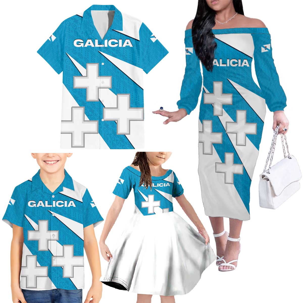 Galicia Flag Family Matching Off The Shoulder Long Sleeve Dress and Hawaiian Shirt Autonomous Community of Spain - Wonder Print Shop