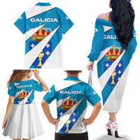 Galicia Flag Family Matching Off The Shoulder Long Sleeve Dress and Hawaiian Shirt Autonomous Community of Spain - Wonder Print Shop
