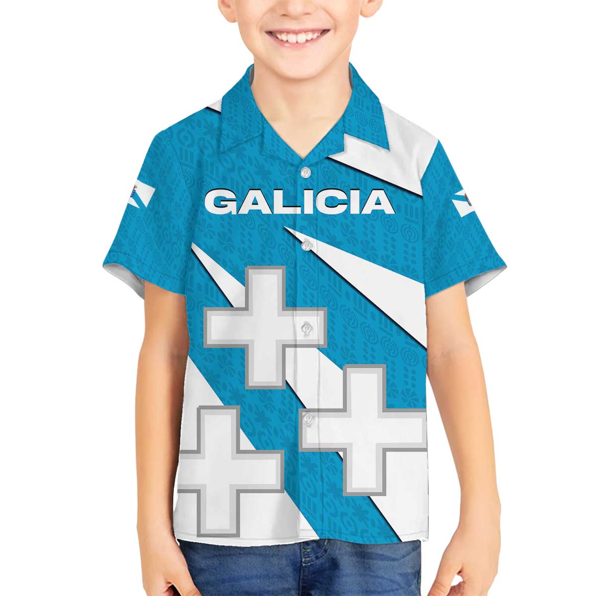 Galicia Flag Family Matching Off The Shoulder Long Sleeve Dress and Hawaiian Shirt Autonomous Community of Spain - Wonder Print Shop