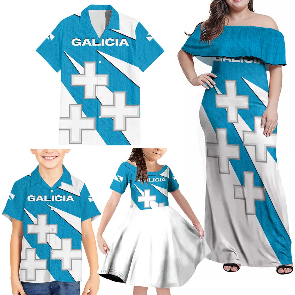 Galicia Flag Family Matching Off Shoulder Maxi Dress and Hawaiian Shirt Autonomous Community of Spain - Wonder Print Shop