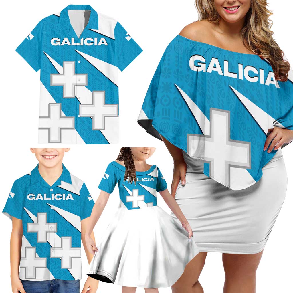 Galicia Flag Family Matching Off Shoulder Short Dress and Hawaiian Shirt Autonomous Community of Spain - Wonder Print Shop