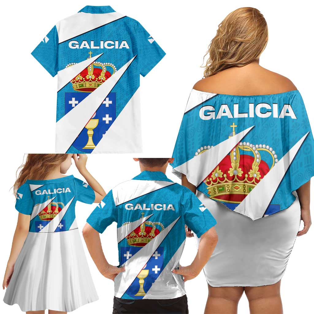 Galicia Flag Family Matching Off Shoulder Short Dress and Hawaiian Shirt Autonomous Community of Spain - Wonder Print Shop