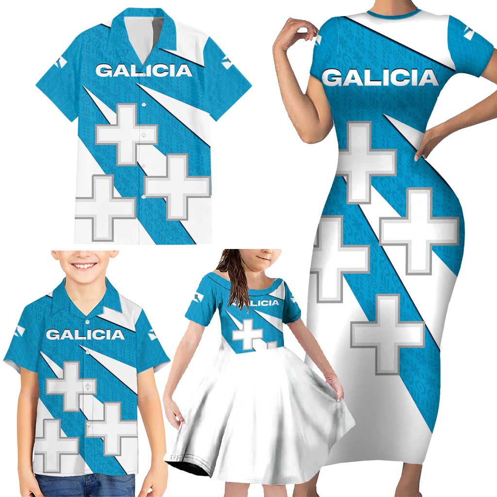 Galicia Flag Family Matching Short Sleeve Bodycon Dress and Hawaiian Shirt Autonomous Community of Spain - Wonder Print Shop