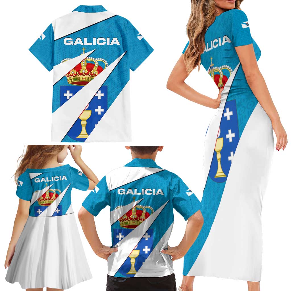 Galicia Flag Family Matching Short Sleeve Bodycon Dress and Hawaiian Shirt Autonomous Community of Spain - Wonder Print Shop