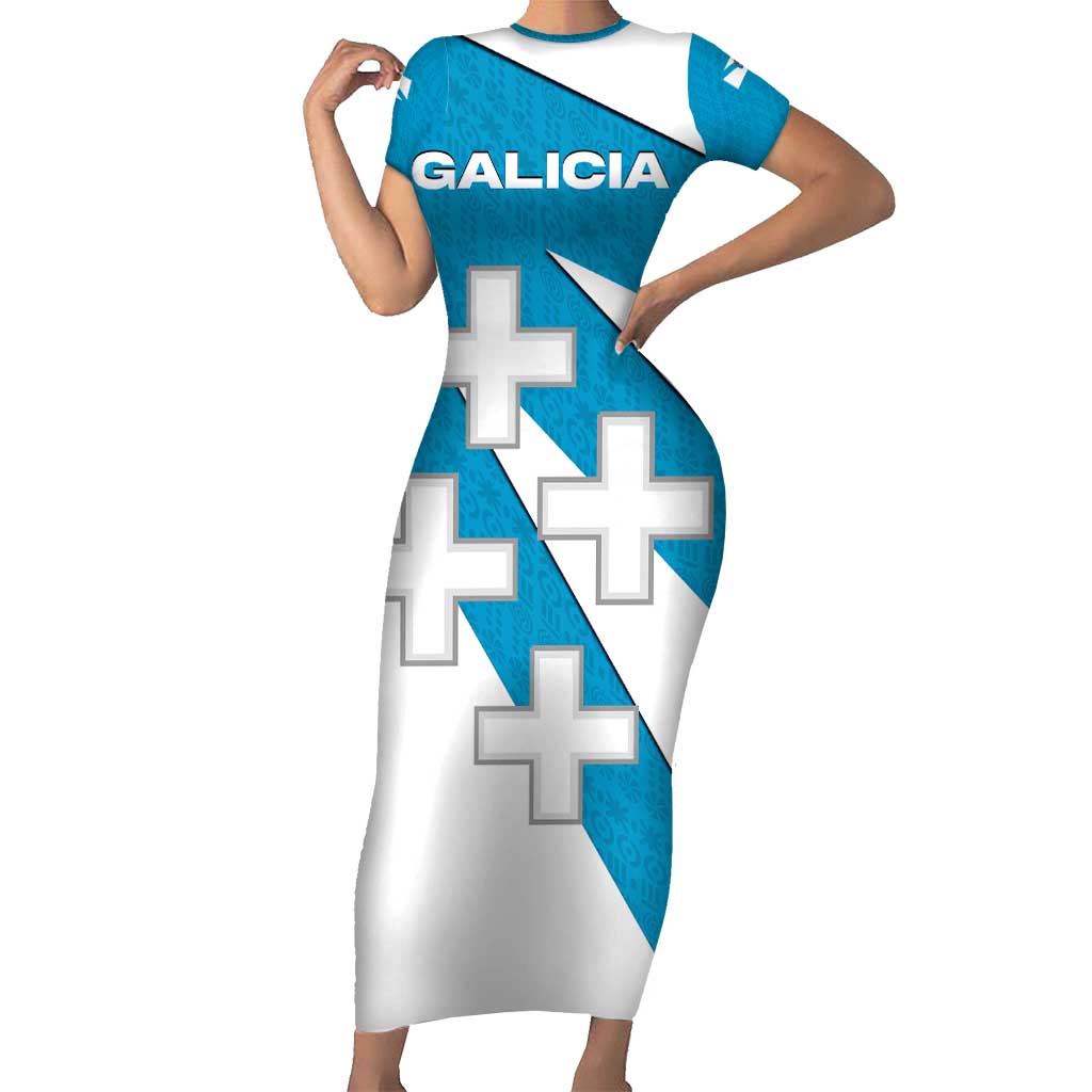 Galicia Flag Family Matching Short Sleeve Bodycon Dress and Hawaiian Shirt Autonomous Community of Spain - Wonder Print Shop