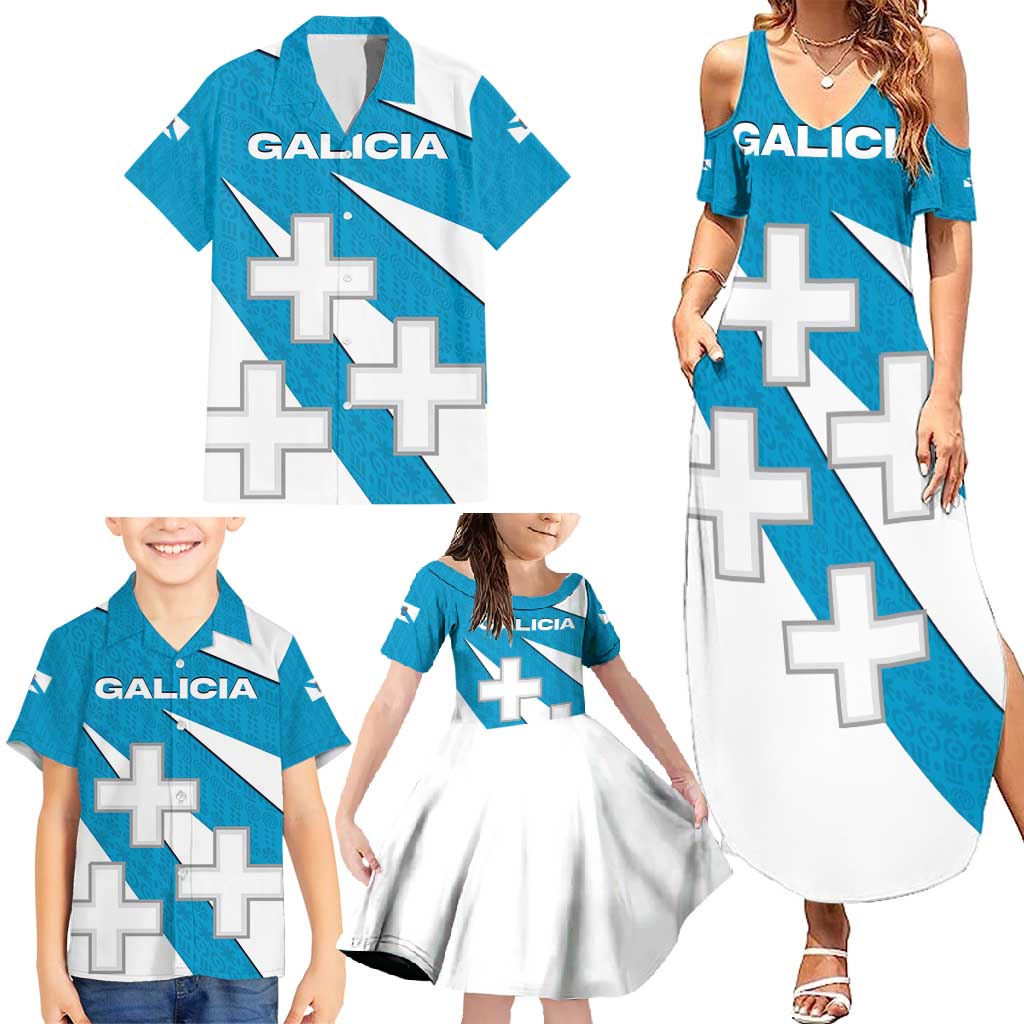 Galicia Flag Family Matching Summer Maxi Dress and Hawaiian Shirt Autonomous Community of Spain - Wonder Print Shop