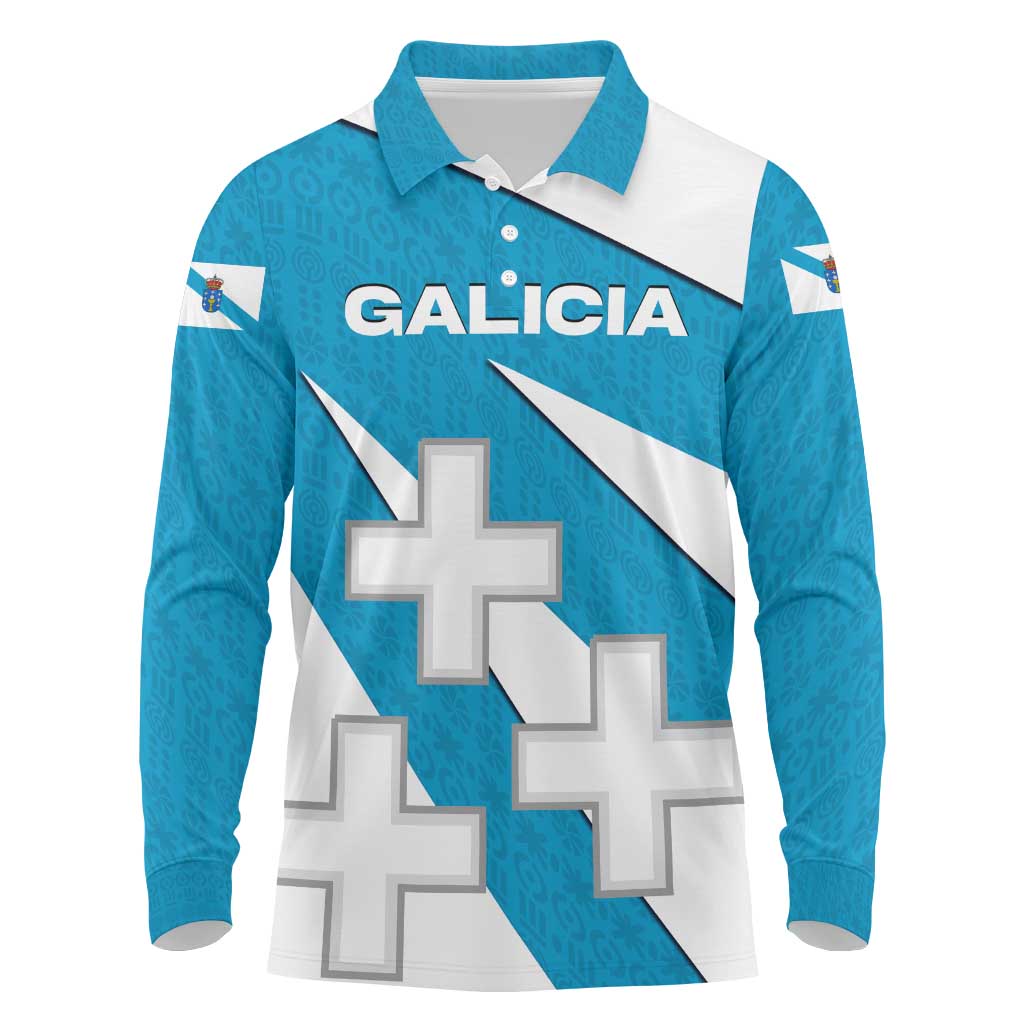 Galicia Flag Long Sleeve Polo Shirt Autonomous Community of Spain - Wonder Print Shop