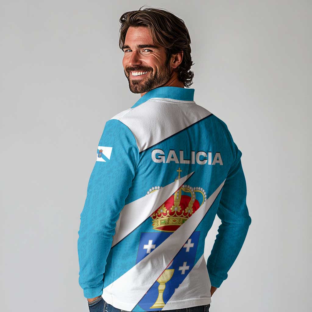 Galicia Flag Long Sleeve Polo Shirt Autonomous Community of Spain - Wonder Print Shop