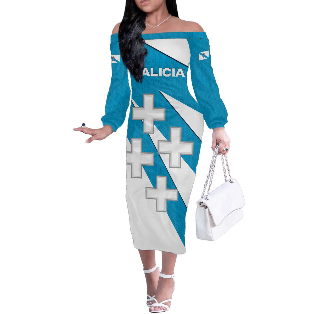Galicia Flag Off The Shoulder Long Sleeve Dress Autonomous Community of Spain - Wonder Print Shop