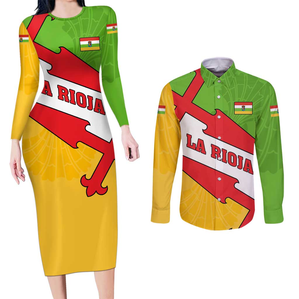 La Rioja Flag Couples Matching Long Sleeve Bodycon Dress and Long Sleeve Button Shirt Autonomous Community of Spain - Wonder Print Shop